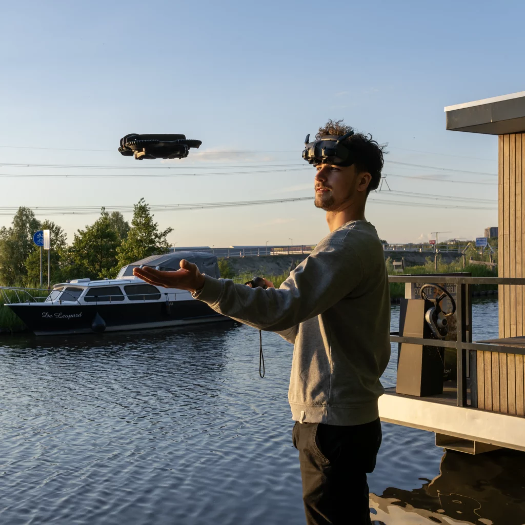 Louis Falkenstein steuert eine FPV-Drohne am Wasser